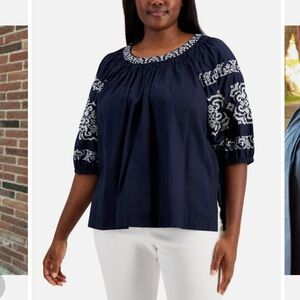 Tommy Hilfiger Sorrento Blouse Embroidered Print Peasant Top 0X